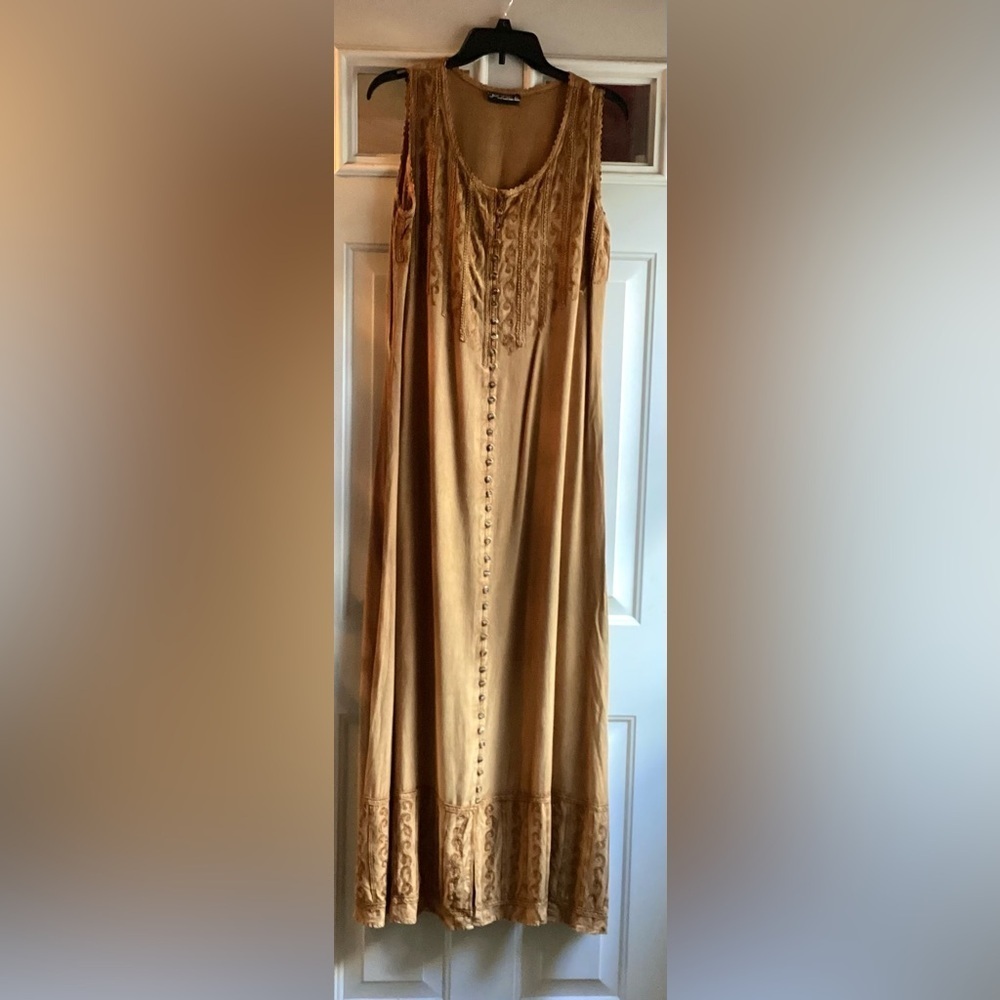 Vintage L'Pogee 90s Camel Brown Embroidered Maxi Dress Free Size Large